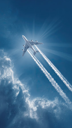 An airplane ascends, leaving long vapor trails across a bright blue sky. The composition features the aircraft centrally, contrasted by white clouds and the sun. The scene has a daytime setting with natural lighting. This image is suitable for various commercial uses, including travel, transportation and aviation.の素材