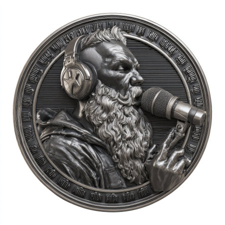 This image showcases a circular coin featuring a man with headphones and a microphone. The artwork, in shades of gray, has a detailed, sculpted appearance. The composition emphasizes the man's profile, set against a backdrop with a linear texture. This image could be suitable for illustrations or design projects, potentially for commercial purposes.の素材