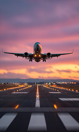 An airplane takes off into a vibrant sunset sky. The photograph displays the aircraft against a background of orange and purple hues. The composition includes the runway with lights leading towards the plane. Suitable for travel, transportation, and aviation related projects, as well as editorial use.の素材