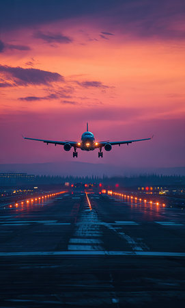 An airplane descends towards a runway, illuminated by lights. The composition is set against a vibrant sunset with shades of orange and purple. The scene suggests a nighttime or twilight setting, possibly capturing the final approach. This image could be suitable for aviation, travel, or transportation-related projects.の素材