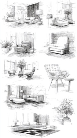 A collection of pencil sketches presents various interior design concepts. Depicting furniture arrangements, the drawings showcase living room layouts, lighting, and decorative elements. The grayscale renderings use cross-hatching to create depth and texture, suggesting a modern aesthetic. These artistic representations are suitable for design portfolios or editorial content.の素材