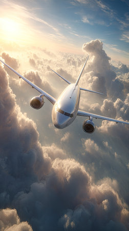 An airplane is seen mid-flight, navigating through a sea of clouds. The image features a bright, warm light illuminating the plane and the environment. The composition is aerial, with the sun providing a vibrant backdrop. This image could be suitable for travel, aviation, or commercial projects.の素材