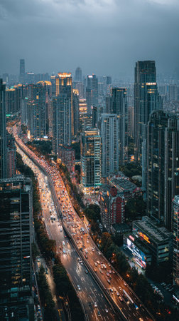 An elevated perspective showcases a dense urban environment with numerous high-rise structures. The image reveals a busy highway artery, marked by streaks of vehicle lights. The color palette leans towards cool tones, emphasizing the night setting with subtle lighting across the buildings. This image is suited for diverse commercial applications.の素材