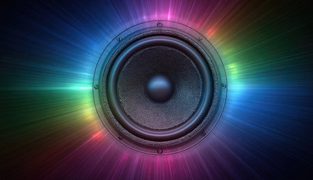 An audio speaker is the main subject in this image, with a dynamic rainbow light effect emanating outwards. The color palette spans across the visible spectrum, creating a striking visual contrast on a dark background. This composition might be useful in advertising or designs related to music, sound, and entertainment.の素材