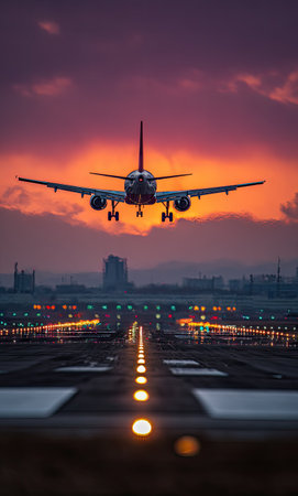 An airplane descends towards a runway with glowing lights set against a dramatic, colorful sunset. The image features a symmetrical composition with an emphasis on the aircraft and the perspective of the runway. This image could be used for commercial and editorial purposes related to aviation, travel, or transportation.の素材