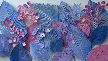 This image presents a close-up view of paper leaves and flowers in shades of blue and pink. The intricate details of the handmade artwork are emphasized through the lighting, revealing textures and patterns. It would be suitable for various design projects and could be used in print or digital media for decorative purposes.の素材