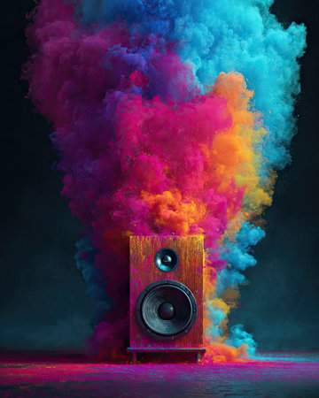An audio speaker sits at the center, engulfed by a cloud of multicolored smoke. The visual features an explosion of vibrant hues, including blue, pink, and orange. The composition uses a dark background to emphasize the colorful subject. Suitable for a range of creative projects, this image offers visual impact for advertising and design.の素材