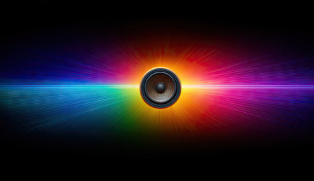 An audio speaker is centered against a vibrant, multi-colored background. The artwork displays a radial pattern of light and color, emanating from a central point. The visual style is abstract with a focus on color and illumination, suggesting themes related to music, sound, and entertainment, ideal for various design projects.の素材
