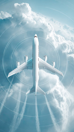 An airplane is captured from an overhead perspective, ascending through a sea of voluminous clouds. The composition features a bright, clean aesthetic with a focus on natural light. Suitable for commercial projects, this image could be used for promoting travel, aviation, or exploring the concept of flight.の素材