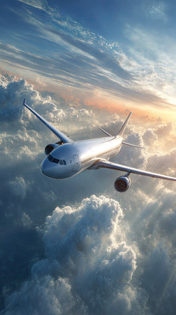 An airplane soars through a cloudy sky bathed in sunlight. The aircraft's metallic body contrasts with the fluffy white clouds and the blue hues of the atmosphere. The composition emphasizes a sense of altitude and freedom, suitable for illustrating travel or aviation concepts. This image may be used in commercial or editorial projects.の素材