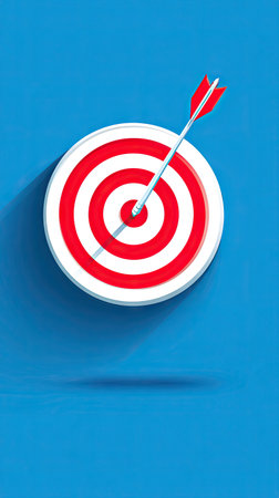 An arrow penetrates the center of a target bullseye set against a vibrant blue background. The illustration features a clean, graphic style, employing a simple color palette of red, white, and blue. The composition, lit with overhead lighting, suggests the concept of achievement. The image is suitable for various commercial uses.の素材