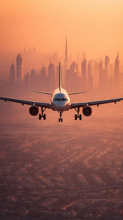 An airplane is captured in mid-flight, approaching a cityscape against a warm, orange-toned sunset. The composition highlights the airplane's form, enhanced by soft lighting. This image portrays travel, transportation, and aerial views, appropriate for commercial and editorial uses. The background reveals skyscrapers, adding depth and context to the scene.の素材