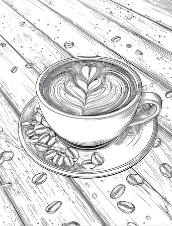 An illustration depicts a coffee cup featuring heart-shaped foam, resting on a saucer with coffee beans. The monochrome artwork showcases a detailed drawing style. The composition suggests an indoor setting, with a wooden texture. Suitable for various design projects and editorial content.の素材
