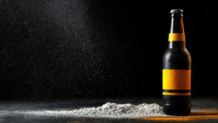 A single beer bottle stands against a dark backdrop, contrasted by a bright yellow label. A textured surface and what seems to be powdered substance are visible on the base. The composition and lighting create a moody atmosphere, suitable for commercial or editorial applications related to beverages.の素材