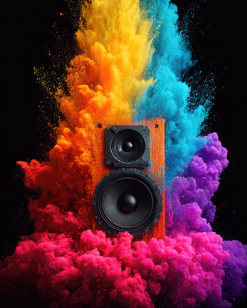 A wooden audio speaker is centered within a burst of colorful, abstract smoke. Bright hues of orange, yellow, pink, and purple create a dynamic visual effect against a black backdrop. The image utilizes a vibrant color palette, likely suitable for creative projects or advertising campaigns seeking bold visual impact.の素材