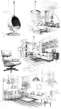 This image showcases a series of hand-drawn architectural sketches, depicting various interior design concepts. The sketches feature diverse furniture arrangements, including chairs, sofas, and hanging chairs. The style employs delicate line work with grayscale tones, suggesting a modern and airy environment. Suitable for editorial and commercial applications related to design and architecture.の素材