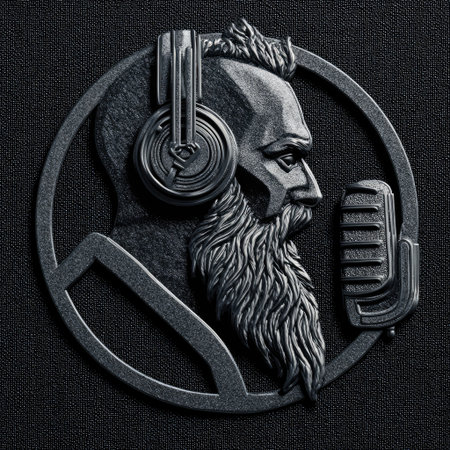 This image features a detailed artistic illustration of a man with a beard, headphones, and a microphone. The dark, textured style suggests a dramatic effect, highlighted by the intricate design. Its composition and lighting are suitable for various creative applications, including design projects or conceptual artwork.の素材