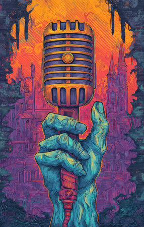 An illustration presents a stylized hand gripping a classic microphone. The artwork features vibrant colors, including blues, oranges, and purples, creating a striking contrast. The composition has an illustrative style with a focus on texture and detail. This image could be used for various creative projects such as posters or website designs.の素材