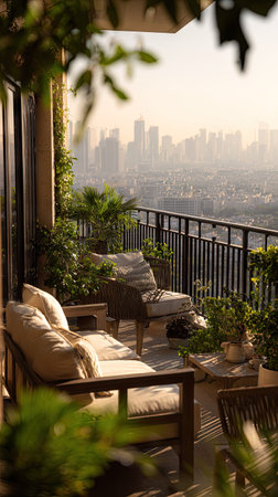 An inviting balcony features comfortable seating and abundant greenery, providing a scenic view of a distant cityscape. The composition showcases warm sunlight and a soft, blurred background. This image could be suitable for various commercial or editorial applications related to lifestyle or urban living concepts.の素材