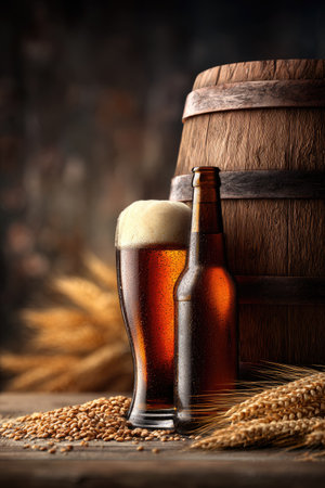 A full beer glass and bottle are displayed near a wooden barrel and wheat. The image features warm tones with textures, suggesting a rustic environment. The composition includes details of grains and a blurred background. Suitable for beverage advertisements and editorial content related to craft beer and brewing processes.の素材