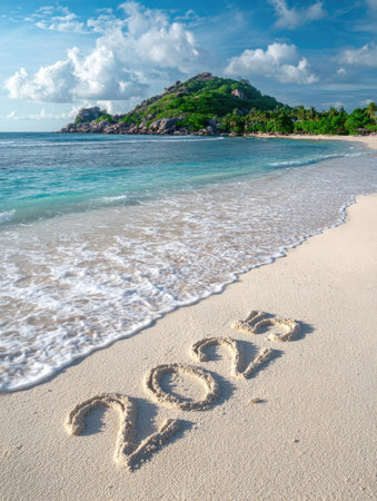 A tranquil beach scene features ocean waves lapping against the shore with the year 2023 written in the sand. The image presents a light, airy composition with turquoise water and a clear sky above. This coastal view suggests themes of travel, holidays, and fresh starts and could be suitable for various editorial or commercial projects.の素材