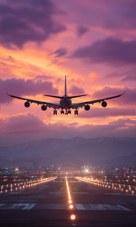 An airplane descends towards a brightly lit runway as the sun sets, painting the sky with warm colors. The silhouette of the aircraft contrasts with the fiery hues of the clouds. The scene is illuminated by runway lights, creating a dynamic visual. Suitable for aviation, travel, or commercial projects.の素材
