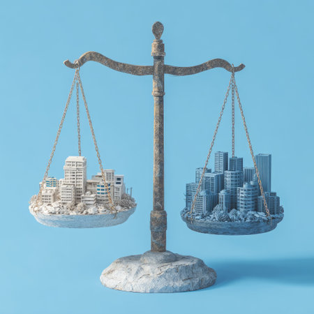 An image showcases a balance scale featuring miniature city models in its pans, highlighting a concept of equity. The scale has a metallic appearance, set against a plain blue background. The composition uses overhead lighting and presents a realistic, illustrative style, suitable for various editorial and commercial applications.の素材