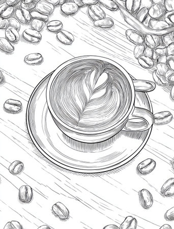 An illustration depicts a coffee cup with intricate latte art, nestled on a saucer. The image features a grayscale palette, with detailed shading creating depth. Coffee beans are scattered around the cup, adding to the visual composition. It is suitable for commercial uses, such as illustrating articles or for advertising.の素材