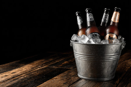 An ice bucket filled with beer bottles sits on a wooden surface. The bottles, with their labels visible, are surrounded by ice. The lighting highlights the texture of the bucket and wood. The composition is simple, suitable for commercial or editorial applications, conveying a sense of refreshment.の素材