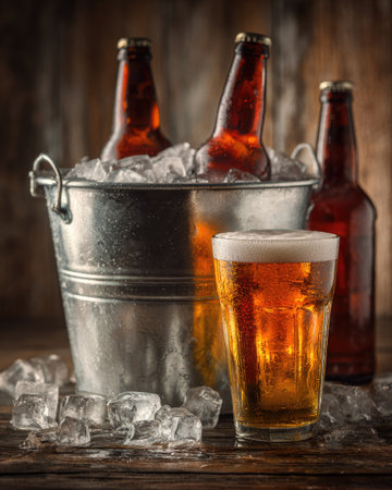 An assortment of beer bottles and a pint glass of beer are displayed alongside a metal bucket filled with ice. The composition emphasizes the refreshing quality of the beverage. The rich colors and lighting highlight the drinks' appearance. Suitable for promotional materials and editorial purposes.の素材