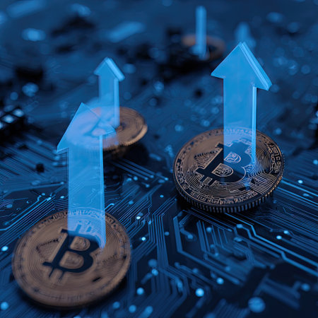 Bitcoin coins with ascending arrows are displayed on a circuit board, suggesting growth and investment. The image features a shallow depth of field, with strong blue and gold tones. The lighting is artificial, possibly indicating a studio setting. This visual is suitable for depicting financial concepts and digital currency.の素材