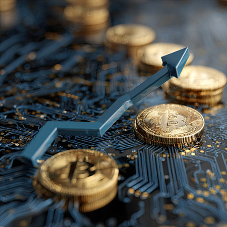 Bitcoin coins and a blue arrow representing growth are presented on a circuit board surface. The composition uses a shallow depth of field, with coins and circuit traces visible in focus. The lighting suggests an artificial source. Potential uses include articles about finance or technology.の素材