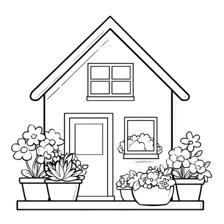 A detailed line art illustration portrays a house adorned with flower pots. The image showcases a monochromatic aesthetic, highlighting the forms. The scene could be used to illustrate architectural themes or decorative elements. The composition suggests simplicity and is suitable for various commercial uses.の素材