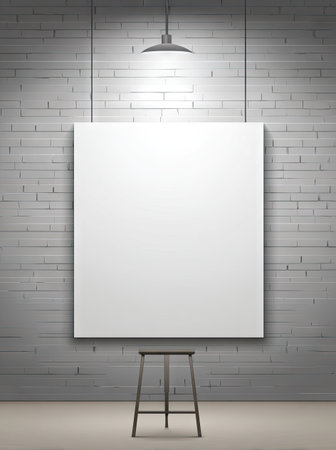 A white canvas hangs on a gray brick wall, illuminated by a spotlight overhead. A minimalist stool sits below the canvas, and the image features a subtle gradient. The overall style is clean and modern. Suitable for presentations, advertising, and creative projects.の素材