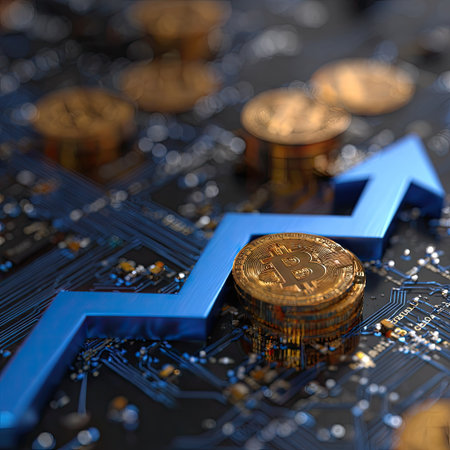 Bitcoin coins are stacked with a blue upward arrow on a circuit board. The image displays a macro view with detailed electronic components. The color palette includes gold and blue tones, creating a high-tech style. Suitable for business and financial presentations.の素材