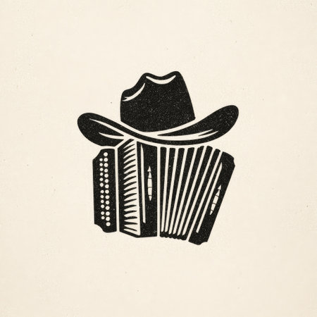 This graphic presents a black and white illustration of a cowboy hat placed over an accordion. The image features a simplified linocut style with contrasting tones. The scene appears to be set against a neutral backdrop, enhancing the graphic's visual simplicity. Suitable for use in various design projects and commercial applications.の素材