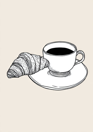 An illustration depicts a cup of coffee with a saucer and a croissant. The image features black and white line art with simple shading. This vector illustration, suitable for various applications, conveys a sense of morning or cafe culture. It could be used for editorial and commercial projects.の素材