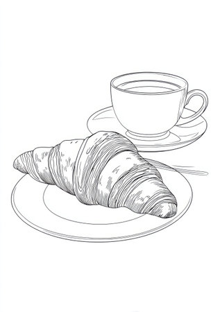 A detailed black and white illustration presents a croissant on a plate alongside a coffee cup. The composition is simple, featuring clean lines and a neutral background. The food illustration could be suitable for various commercial or editorial applications such as articles or advertising related to breakfast.の素材