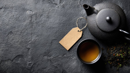 An overhead view displays a black cast iron teapot, a small tea cup filled with amber liquid, and a blank tag on a dark, textured surface. The composition suggests a calming atmosphere. Suitable for illustrating wellness, food and beverage, or related lifestyle concepts.の素材