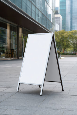 An empty A-frame sign stands on a paved area, set against a backdrop of glass buildings. The sign features a clean white surface with a dark frame, capturing attention. Natural lighting illuminates the scene, enhancing its potential for advertisements or promotional content. The composition suggests possible use in business or marketing materials.の素材