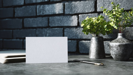 A white rectangular card stands on a dark surface in front of a brick wall. A pen and two decorative planters with green plants are placed nearby. The composition uses cool tones, with soft lighting and focus on the card, suitable for mockups. It could be used for advertising and business presentations.の素材