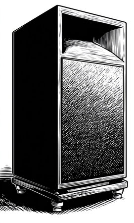 An illustrated loudspeaker is featured in this monochromatic composition. The speaker has a textured facade with a contrasting dark enclosure. The lighting creates shadows, emphasizing the three-dimensional form. This image could be used for various design projects, editorials, and presentations. It suggests sound and audio themes.の素材