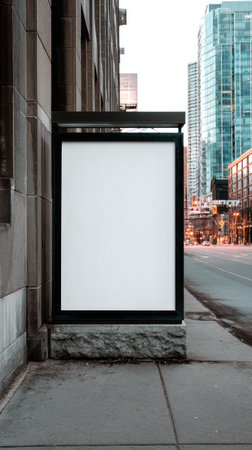 An empty billboard stands on a sidewalk, featuring a bright, white surface against a backdrop of urban buildings. The composition employs a vertical framing with a muted color palette, possibly in the late afternoon. This image offers versatile potential for advertising, branding, or editorial content.の素材