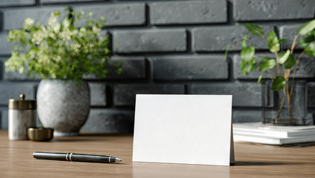 A white blank card stands upright on a wooden surface, accompanied by a pen and small potted plants. The scene features a grey brick wall in the background. Natural light illuminates the setting. This image may be suitable for promotional materials, presentations, or various design applications.の素材