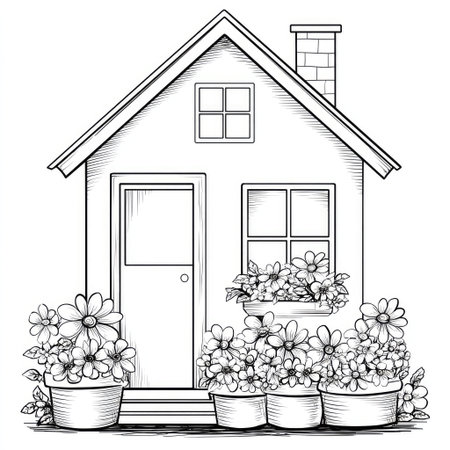 An illustrated house is presented in black and white, featuring a gable roof, door, window, and chimney. Pots overflowing with flowers adorn the exterior. The artwork employs clean lines and a simple style suitable for various applications. It might be ideal for design projects or creative uses.の素材
