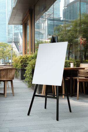 An empty easel stands on a patio, ready for a message. The scene features wooden flooring, lush green plants, and a blurred cityscape in the background. Natural light illuminates the setting. This image could be suitable for promotional materials, advertising campaigns, or editorial uses.の素材