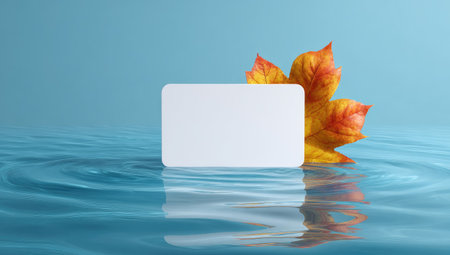 A blank rectangular card rests on a rippled water surface. Behind it, a vibrant maple leaf displays orange and yellow hues. The composition features a clean, simple design with a focus on color and texture. Ideal for concepts related to nature, season, or message delivery, suitable for various design applications.の素材