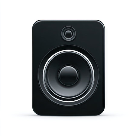 A close-up view presents a black speaker, set against a plain white background. The speaker features a central circular component surrounded by a black rectangular frame. The design utilizes a smooth surface with strong lighting. The image may be used for various media purposes related to audio or sound technology.の素材