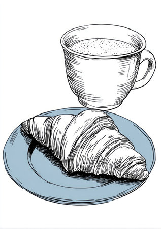An illustration depicts a fresh croissant on a plate next to a cup of coffee. The composition uses a black and white line art style with subtle shading. The overall aesthetic suggests a calm, bright morning scene, ideal for culinary, lifestyle, or editorial design applications.の素材