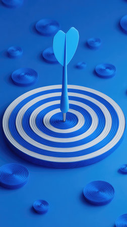 A single blue dart is centered within a white and blue target. The composition features a vibrant monochromatic color palette, with circular elements dispersed throughout the scene. The lighting appears diffused, emphasizing the textures. This image is suitable for various commercial purposes, including marketing and advertising materials.の素材
